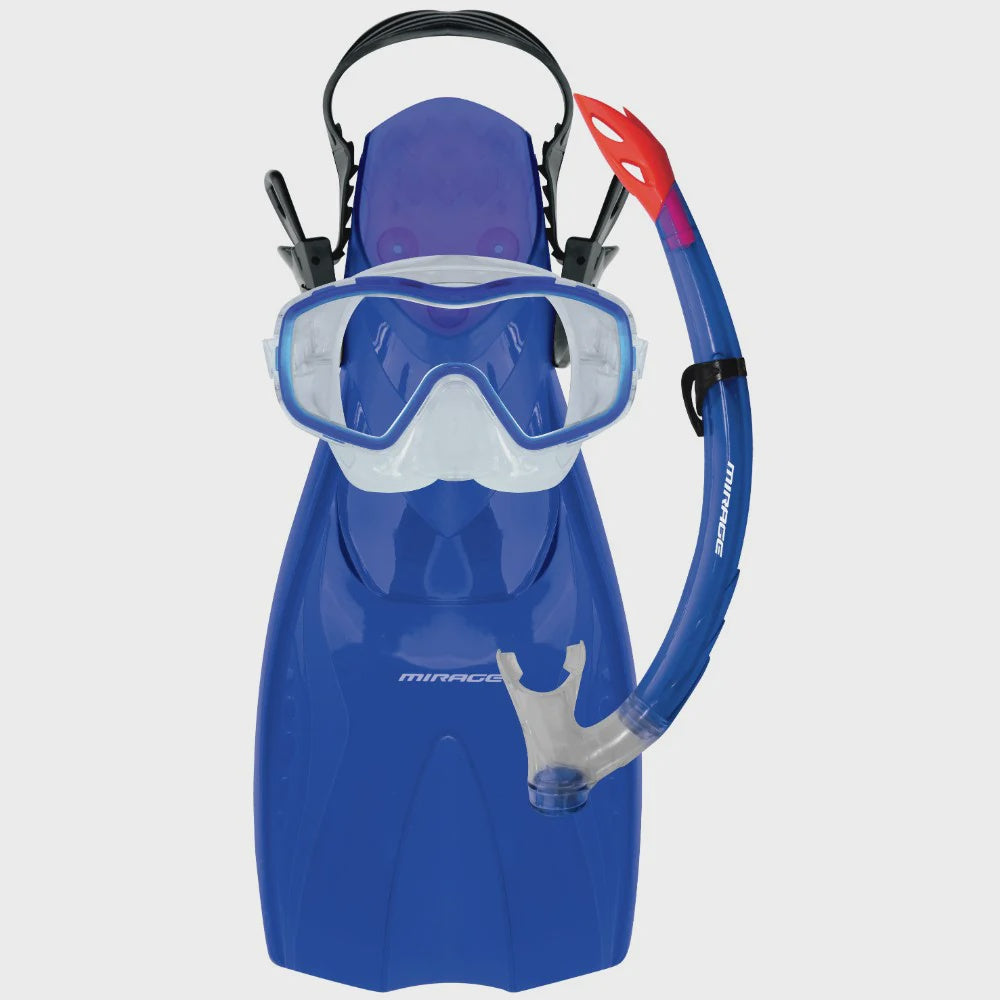 Mirage Kids and Youth Shrimp Silitex snorkel mask, fins, and snorkel set for juniors, featuring bright colors and adjustable straps.