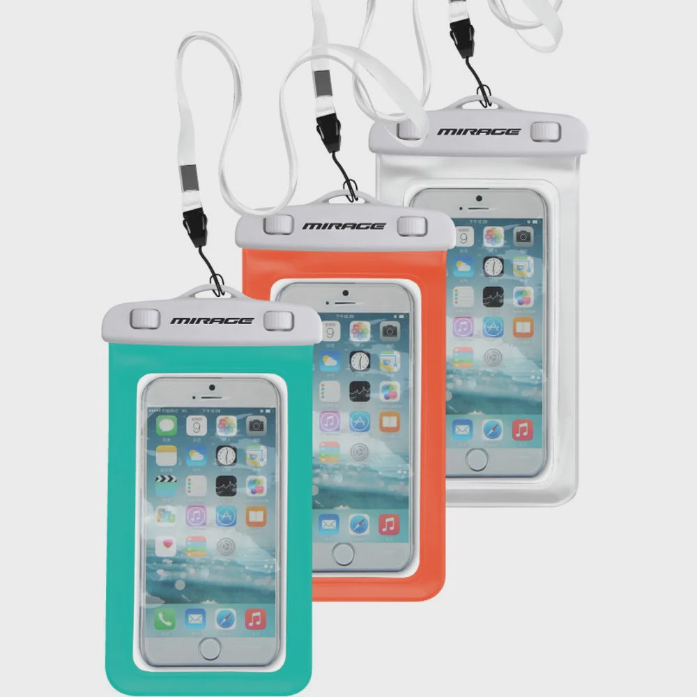 White Mirage phone pouch with lanyard, snap clips, and accessories, designed for secure and stylish mobile device carrying.