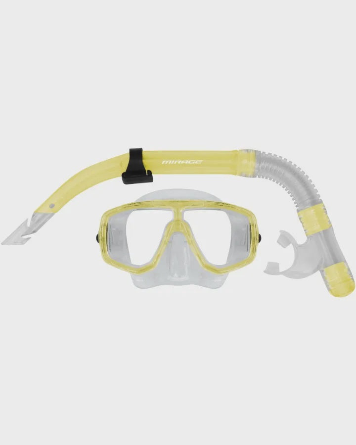 Blue Mirage Cruise silicone mask and snorkel set for adults, including a comfortable mask and snorkel for underwater swimming.
