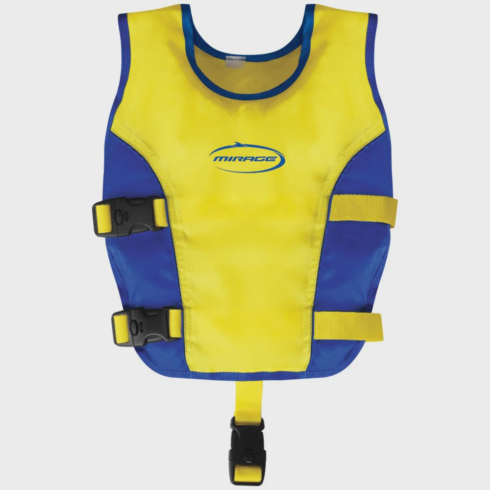 Junior swim vest by Mirage, featuring bright colors and adjustable straps, designed for young swimmers' safety and comfort.