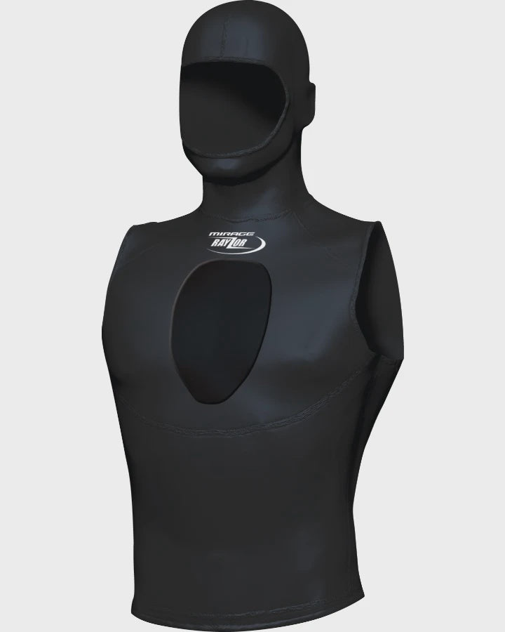 Mirage Rayzor 3mm hooded thermal vest, black neoprene wetsuit with adjustable hood, designed for cold water diving.