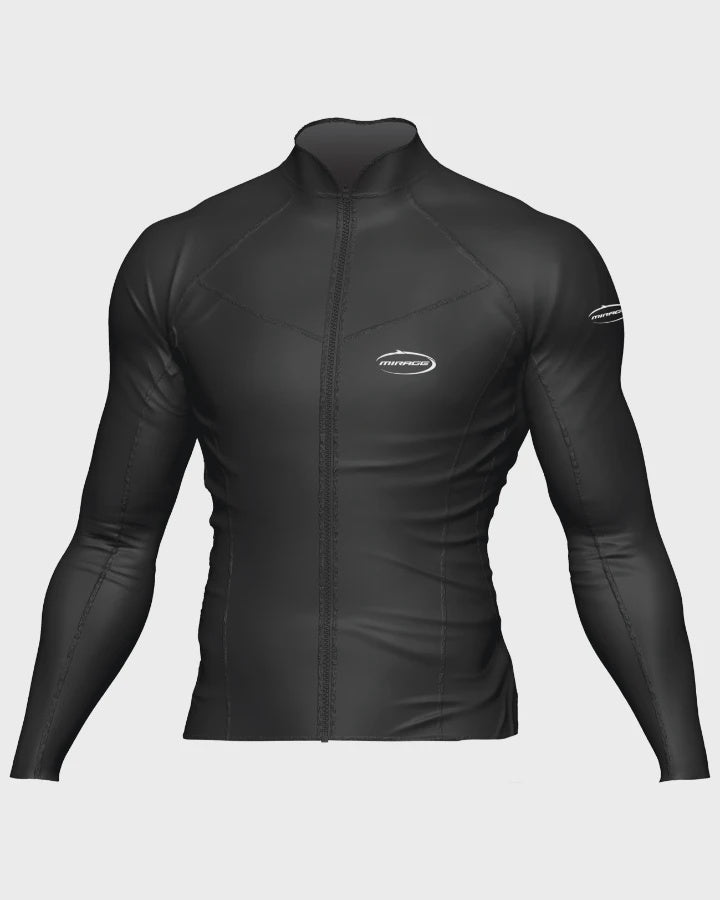 Mirage Heatshield Zip Long Sleeve thermal shirt in black, featuring a front zipper and long sleeves for warmth and comfort.