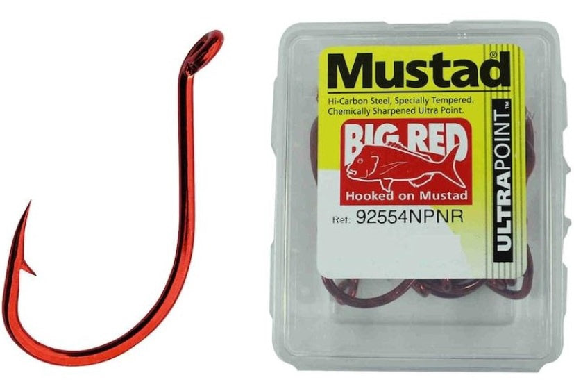 Mustad 92554NPNR Big Red Octopus Hook, terminal tackle fishing hook with red finish, designed for strong bait presentation.