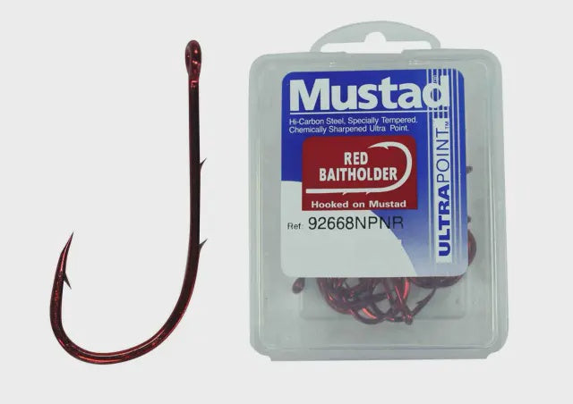 Mustad 92668NPNR Baitholder Hook in sliced red, terminal tackle for fishing, displayed on a plain background.