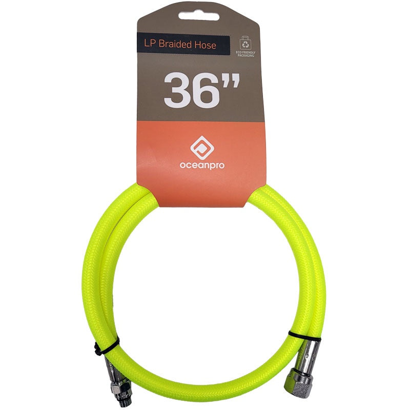 Yellow braided LP regulator hose, 36 inch length, durable and flexible gas hose for gas appliances and regulators.