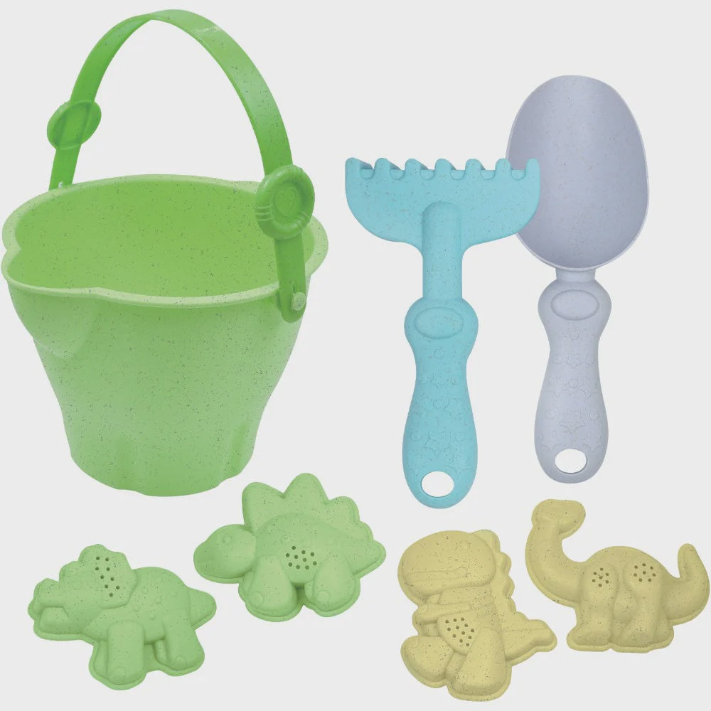 Eco Ocean Beach Toy Set 7-piece includes colorful buckets, shovels, and molds for kids' beach play and sandcastle building.