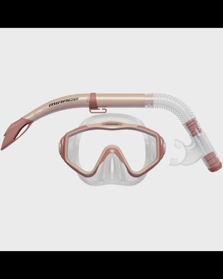Mirage Oasis adult mask and snorkel set in sandy tan with adjustable straps and clear lens for underwater snorkeling.