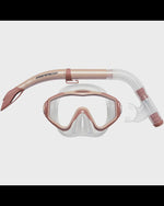 Mirage Oasis adult mask and snorkel set in sandy tan with adjustable straps and clear lens for underwater snorkeling.