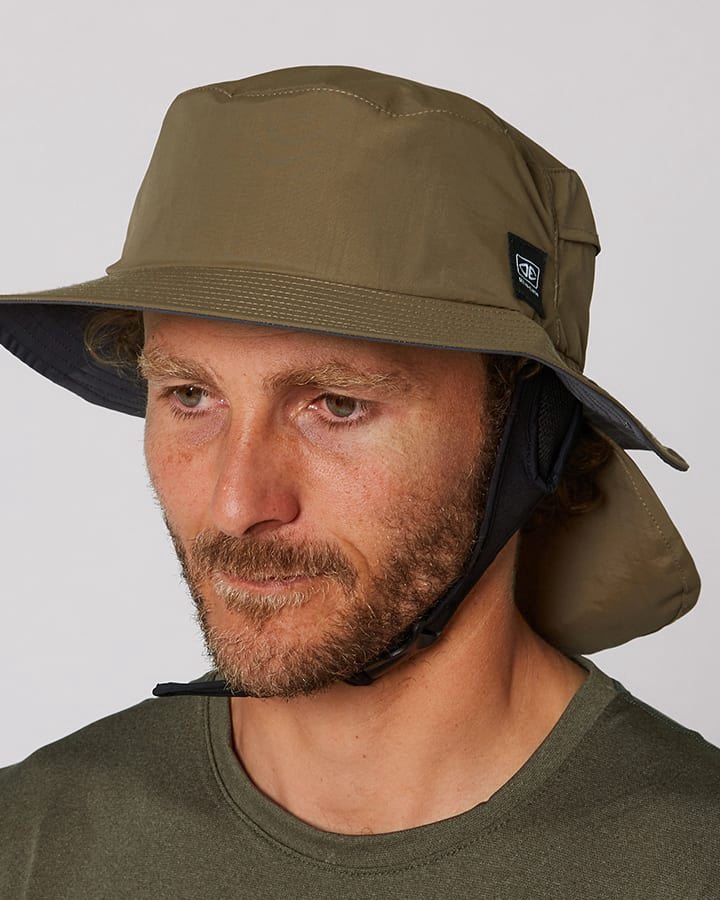 Olive green Indo Stiff Peak Surf Hat by Ocean & Earth, a durable bucket hat with a stiff peak for sun protection during surfing.
