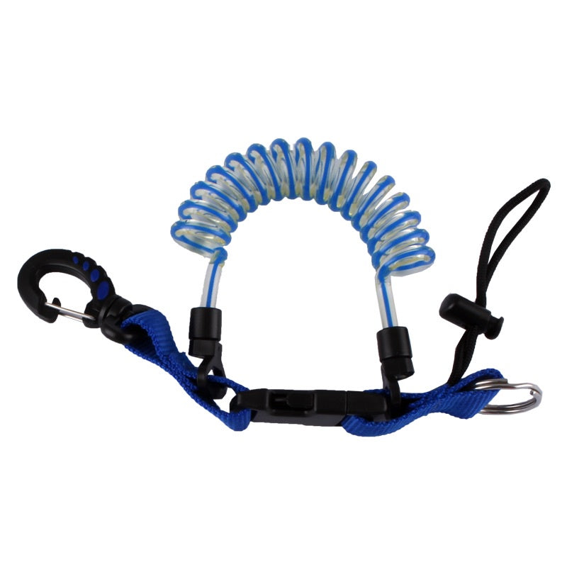 Blue Ocean Pro coiled lanyard with snap clips and attachments, designed for secure key or ID badge holding.