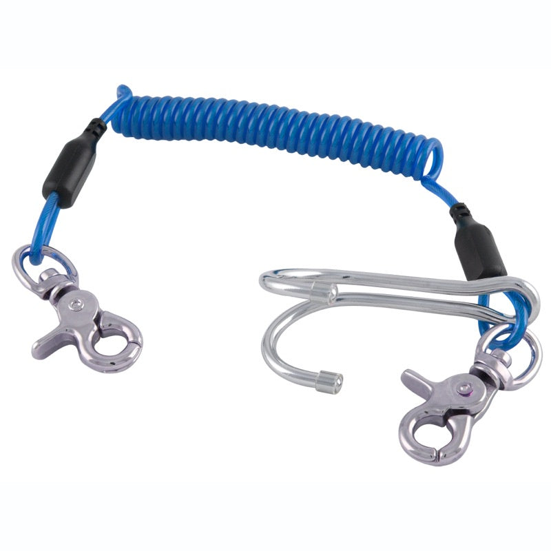 Ocean Pro Reef Hook lanyard with snap clips and accessories, designed for secure underwater gear attachment.