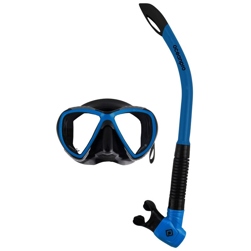Blue Ocean Pro snorkel and mask set by Bucket List Diver, featuring a teal mask and matching snorkel for ocean exploration.