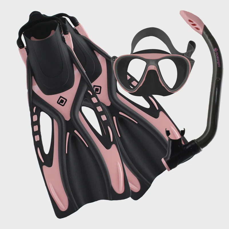 Ocean Pro Bondi junior snorkel mask, fins, and snorkel set in orange and grey for kids, perfect for snorkeling adventures