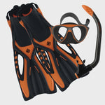 Junior Ocean Pro Bondi mask, snorkel, and fins set in orange and grey for kids’ snorkeling adventures.