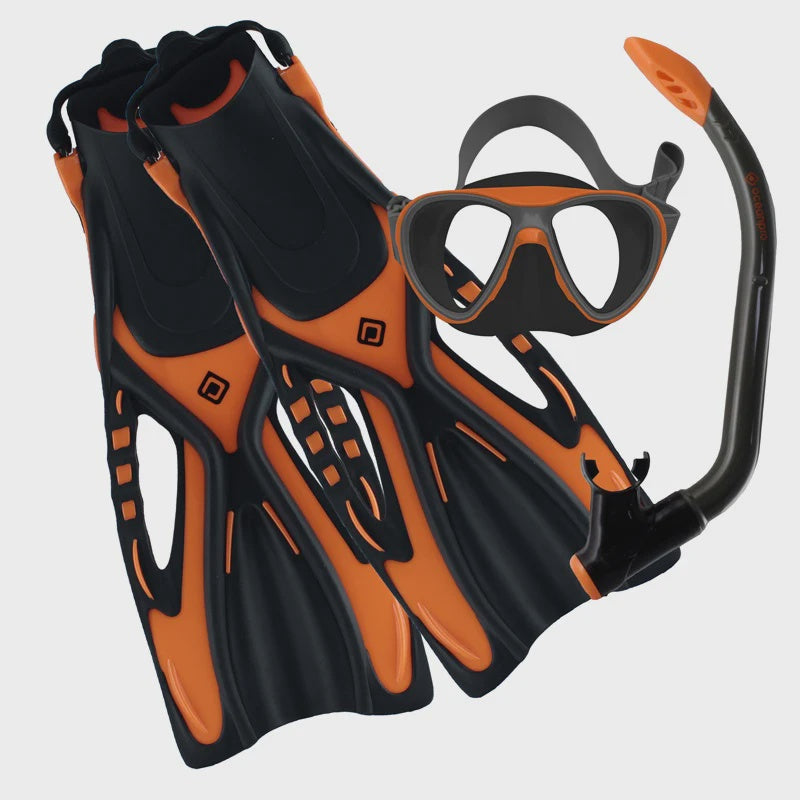 Junior Ocean Pro Bondi mask, snorkel, and fins set in orange and grey for kids’ snorkeling adventures.