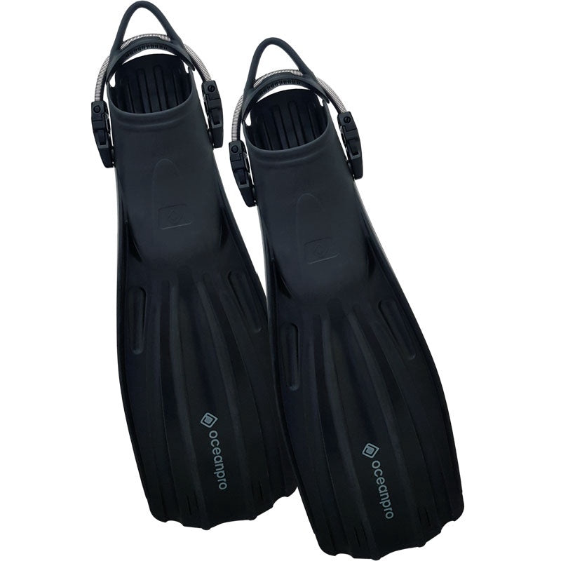 Ocean Pro Avoca Fins for scuba diving, black fins with adjustable straps, designed for comfortable underwater propulsion.