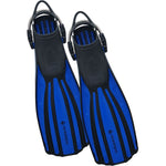 Blue Ocean Pro Fins and Mask from Bucket List Diver, designed for scuba diving, with black accents and adjustable straps.