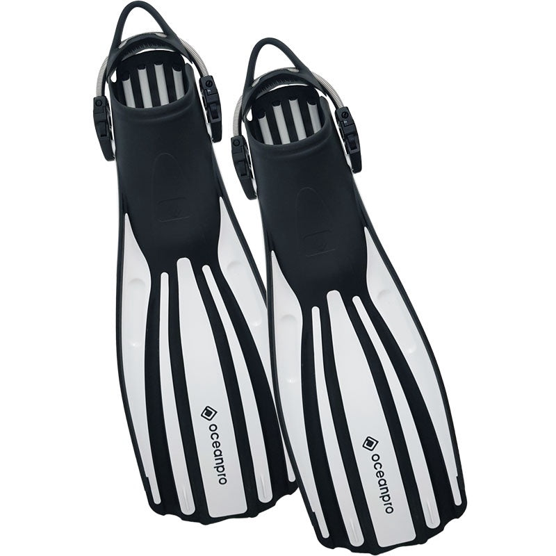 Ocean Pro Avoca Fins for scuba diving, black fins with adjustable straps, designed for comfort and performance underwater.