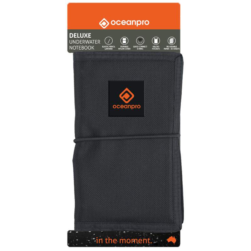 Ocean Pro underwater notebook slate with writing surface, designed for use underwater, featuring durable construction and waterproof design.