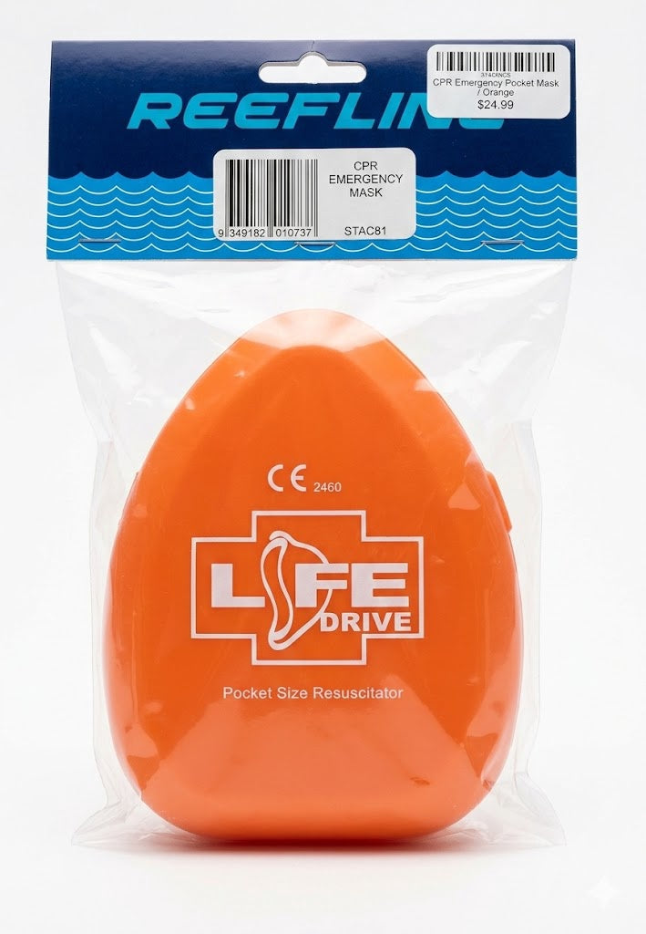 Reefline CPR Emergency Pocket Mask, compact first aid device for rescue breathing, with clear plastic cover and adjustable valve.