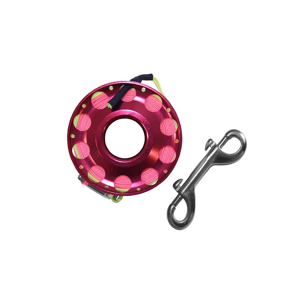 Reefline 25m aluminium reel with stainless steel clip and swivel for secure line management and easy handling.