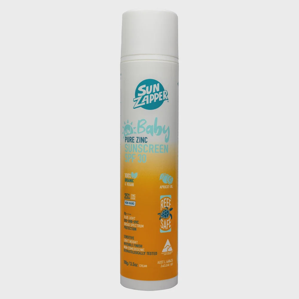 Sunzapper Baby Pure Zinc Sunscreen Cream 100g SPF 30, white cream in a tube, designed for gentle sun protection for babies.