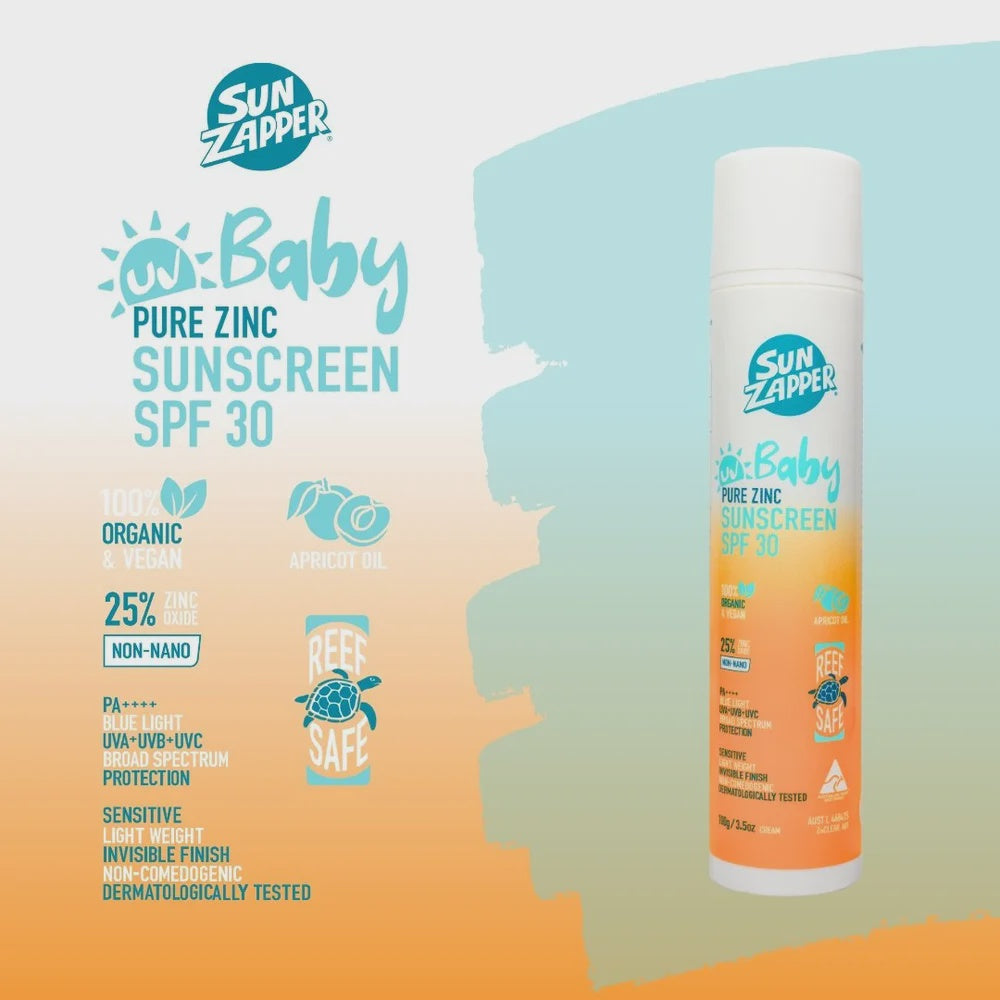 Sunzapper Baby Pure Zinc Sunscreen Cream in 100g tube, SPF 30, with a gentle formula for sensitive baby skin