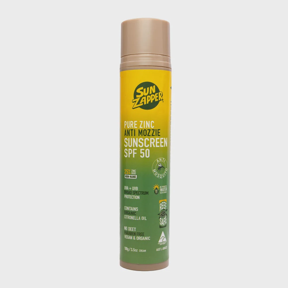 Sunzapper Pure Zinc Anti-Mozzie SPF50 sunscreen tube showing white zinc-based formula and SPF label on the packaging.