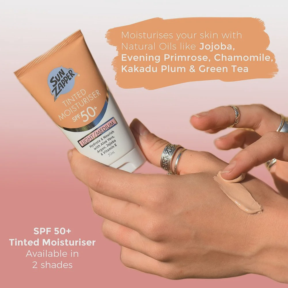 Sunzapper tinted moisturizer SPF50+ sunscreen in light-medium shade, featuring a smooth, lightweight formula with sun protection.