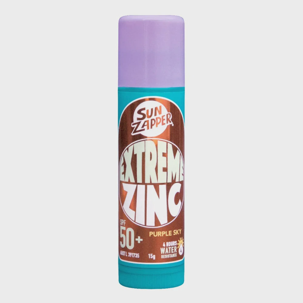 Sunzapper Extreme Zinc Stick sunscreen with white zinc formula, shown on a white background, portable sun protection product.