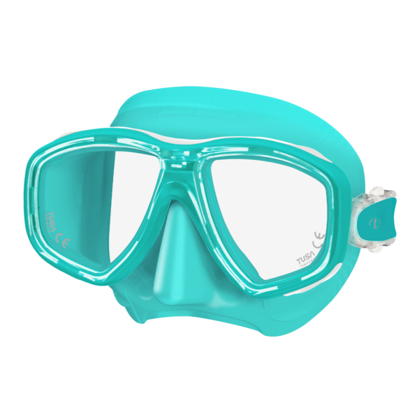 Tusa Freedom Ceos mask in black with dual lenses and adjustable straps, designed for scuba diving and underwater exploration.