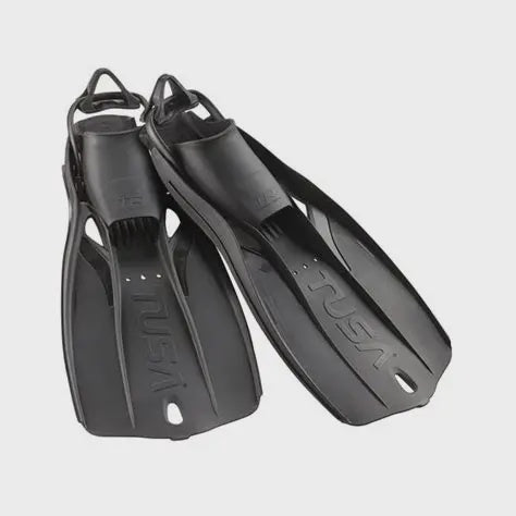Black Tusa Travel Right Diving Fins for scuba, compact and lightweight fins designed for easy travel and diving comfort.