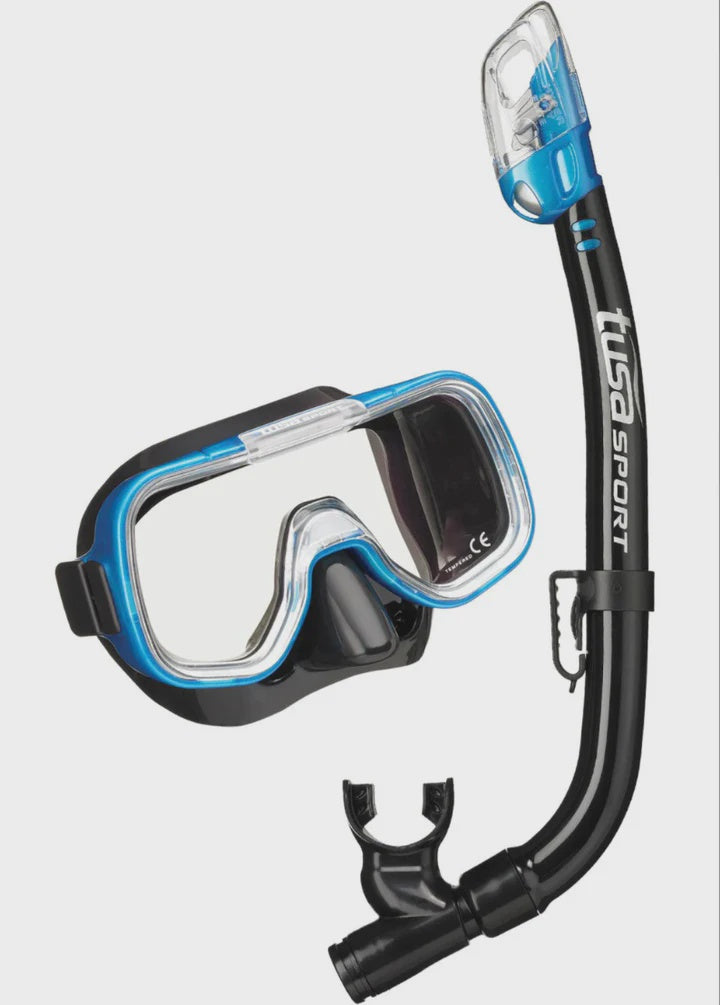 TUSA Sport Mini-Kleio Youth Dry Combo kids and youth diving gear in clear pink with mask and snorkel set.
