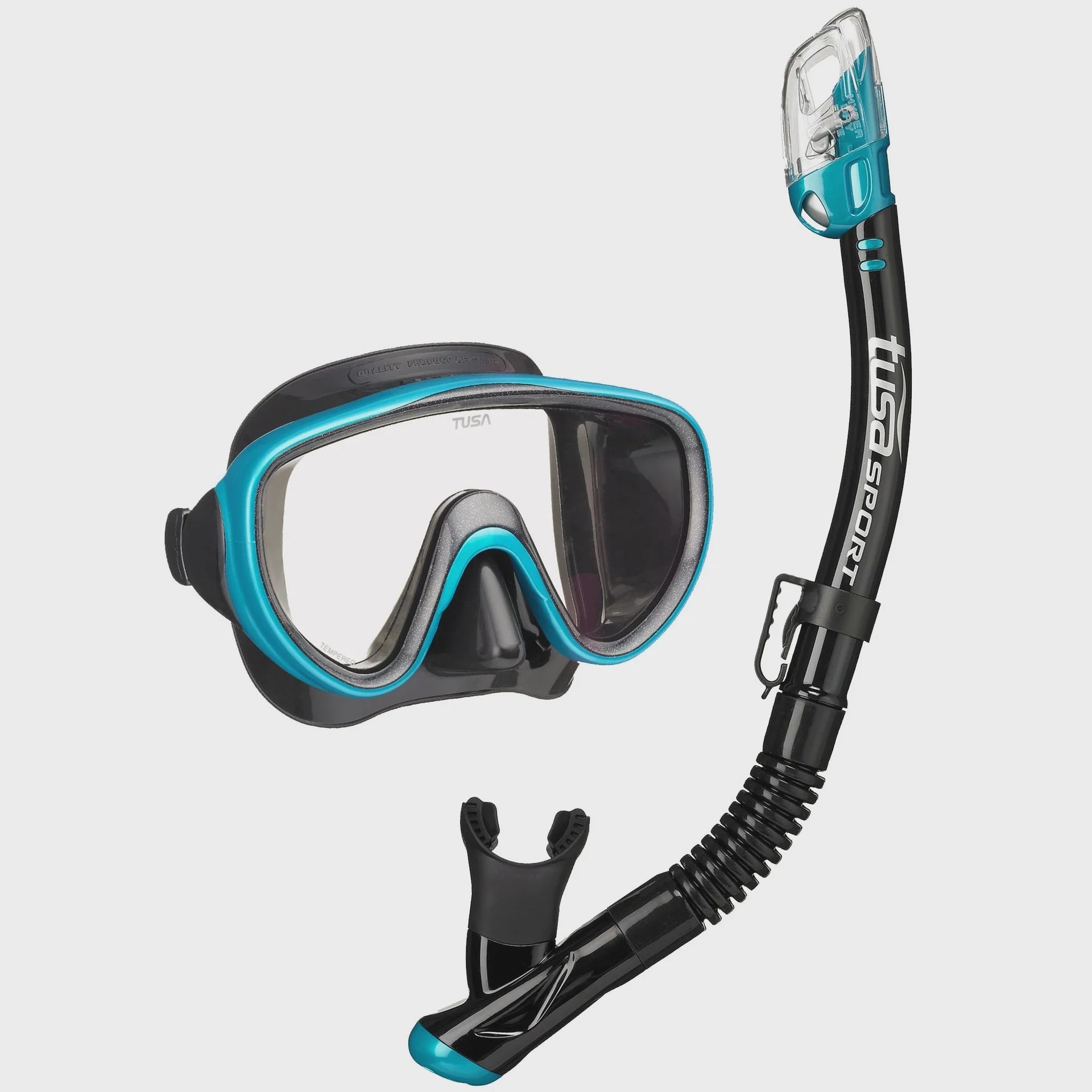 Black silicone TUSA Sport adult mask and snorkel set with blue fins, designed for comfortable snorkeling adventures.