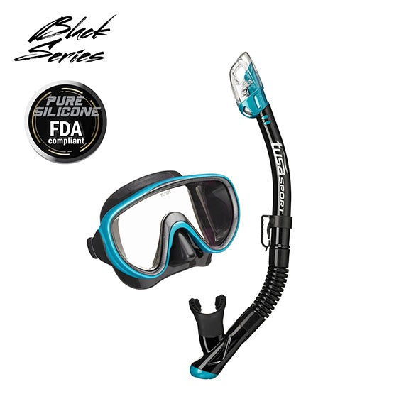 TUSA Sport Serene adult mask and snorkel set with black silicone mask and blue snorkel for underwater exploration.