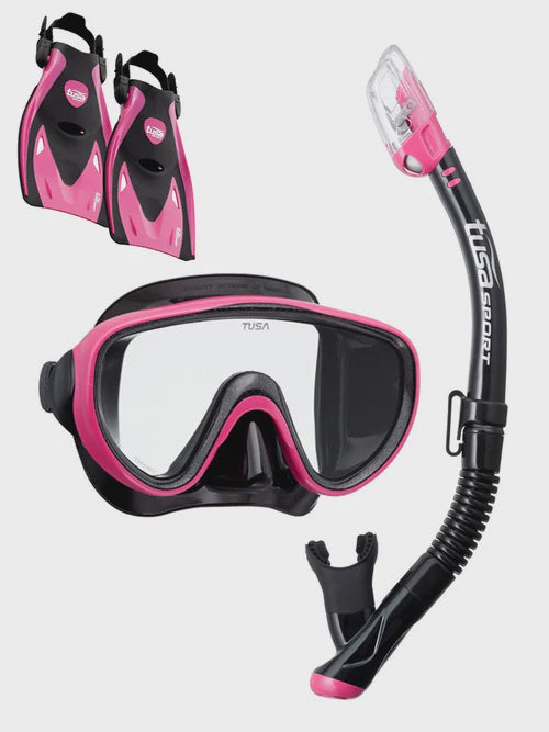 Pink TUSA Sport adult mask and snorkel set, perfect for travel and snorkeling adventures.