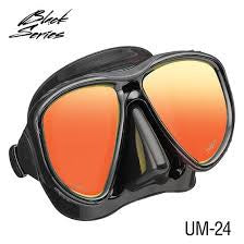 Black Pro Series Mirror Mask from TUSA Sport with reflective lens, adjustable straps, and durable mask design for snorkeling or diving.