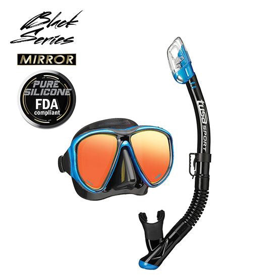 TUSA Sport Powerview adult dry mask and snorkel combo in black, featuring clear lens and adjustable strap for snorkeling.
