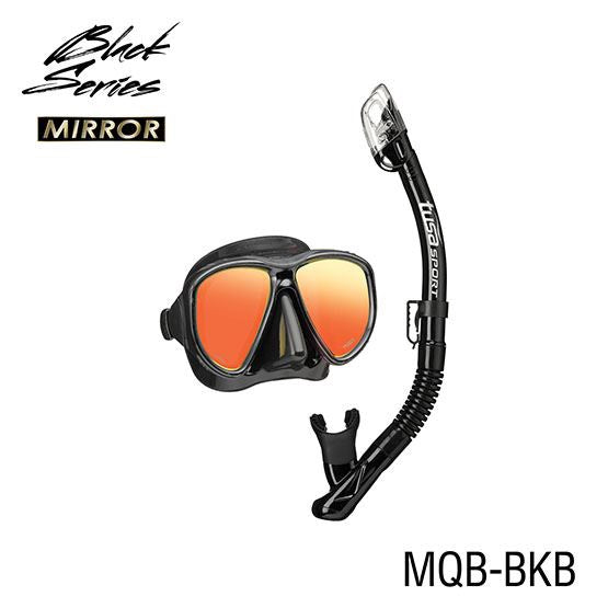 Black TUSA Sport Powerview adult dry mask with snorkel combo, featuring adjustable strap and dry-top snorkel for underwater exploration.
