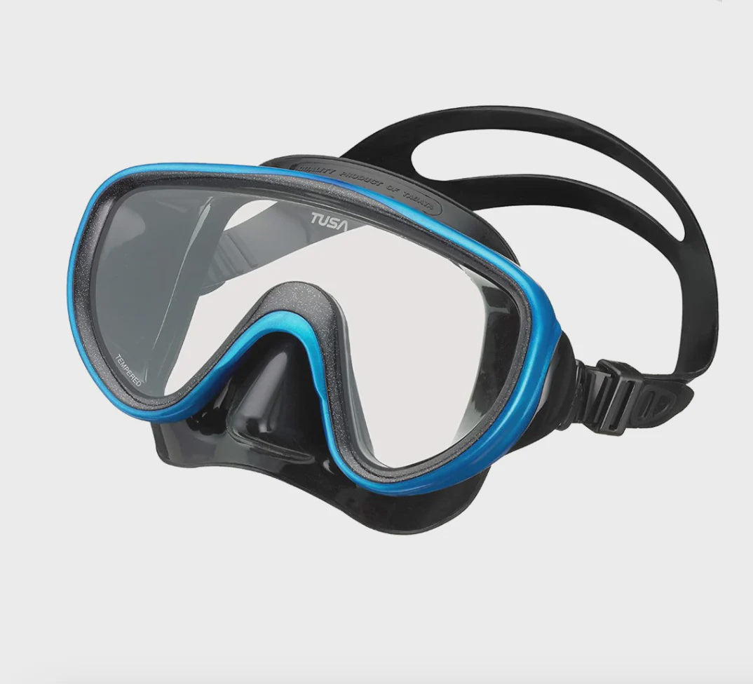 TUSA Sport Serene Pro Mask with clear silicone skirt and adjustable straps for comfortable scuba diving and snorkeling.