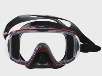 TUSA Sport Visio Tri-Ex Pro mask with clear silicone skirt and adjustable straps for scuba diving and snorkeling.