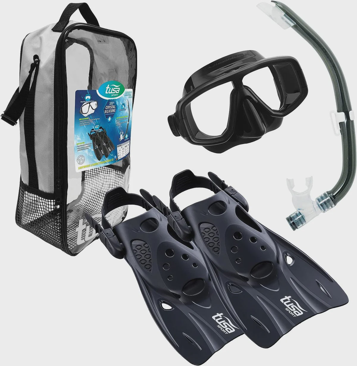 TUSA Sport Platina Hyperdry adult travel snorkel set with mask, fins, and snorkel in black, designed for comfortable underwater exploration.
