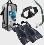 TUSA Sport Platina Hyperdry adult travel snorkel set with mask, fins, and snorkel in black, designed for comfortable underwater exploration.