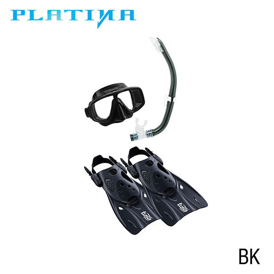 TUSA Sport Platina Hyperdry adult travel snorkeling set with mask, snorkel, and fins in black for underwater exploration.