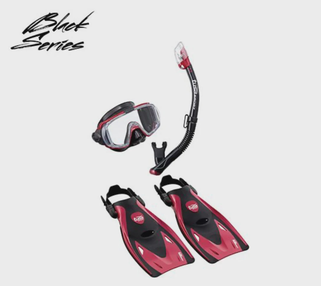 TUSA Sport Visio Tri-Ex adult travel snorkel set with blue mask, snorkel, and fins for swimming and snorkeling adventures.