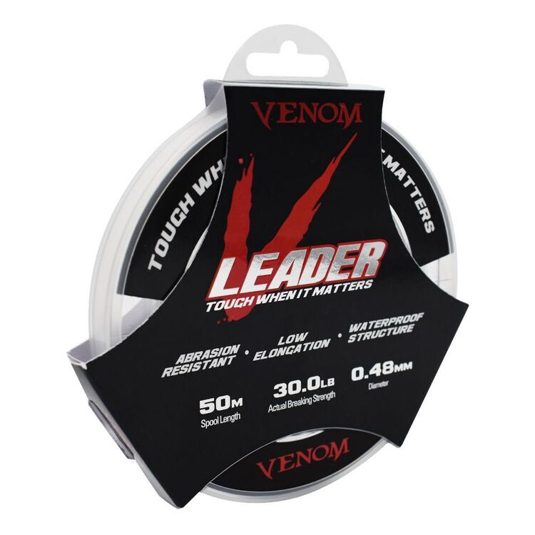 Venom V-Fluoro Leader line in 6lb, 50m length, with bright fluorocarbon material for fishing line and leader.