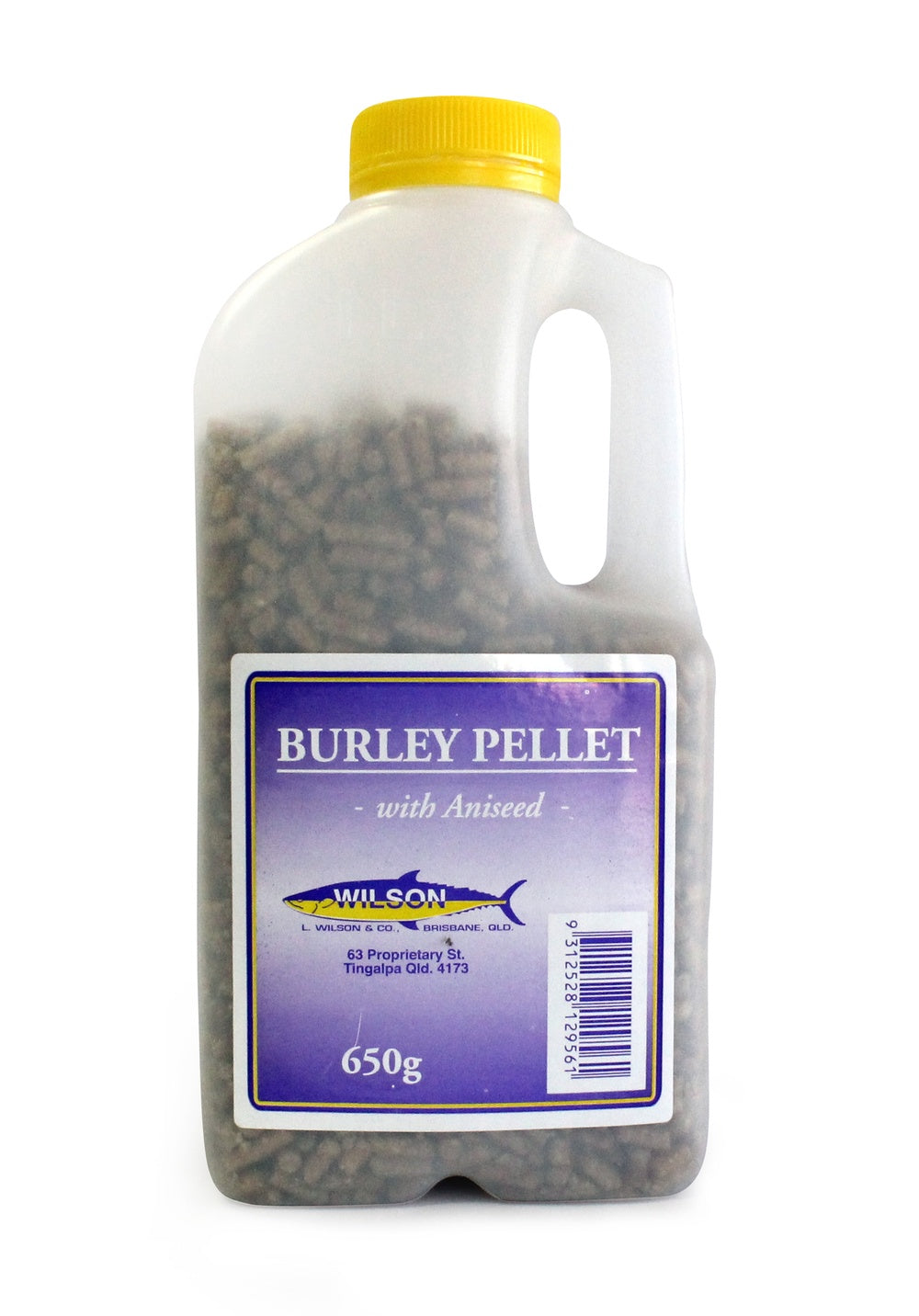 Wilson Berley Pellets 650g bait and berley product, showing a bag of fishing bait pellets for attracting fish.